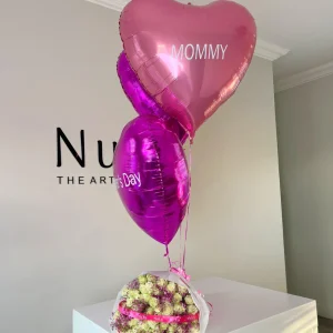 Mother's Day White Roses With Pink Gyp & Personalized balloons